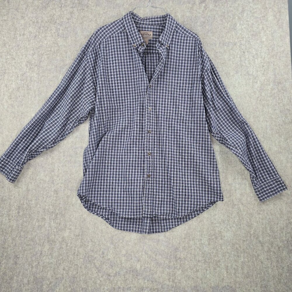 Genuine Sonoma Mens Button Down Blue Plaid Shirt XL 100% Cotton Long Sleeve